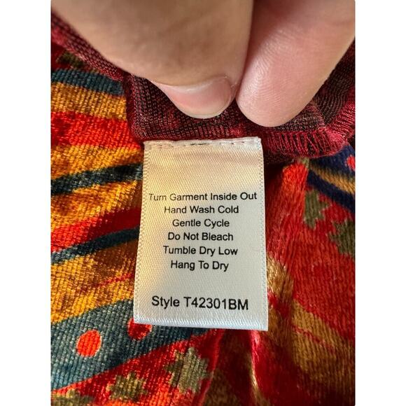 Tru Luxe Jeans Boho Velvet Blouse M Red Gold Wavy Pattern Long Sleeve Tunic Top - Picture 7 of 7